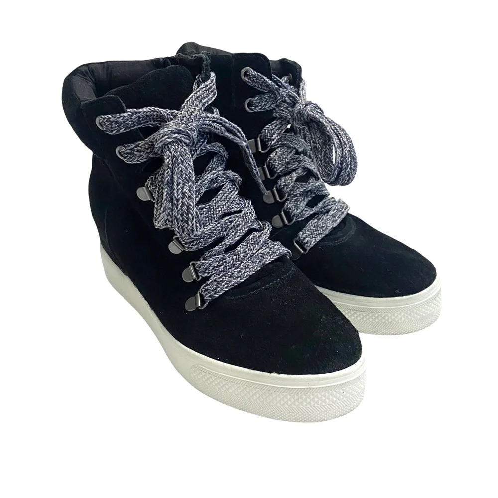 Steve Madden Catch Black Genuine Suede Leather Hidden Wedge Sneaker Bootie 6.5 M - Picture 2 of 11